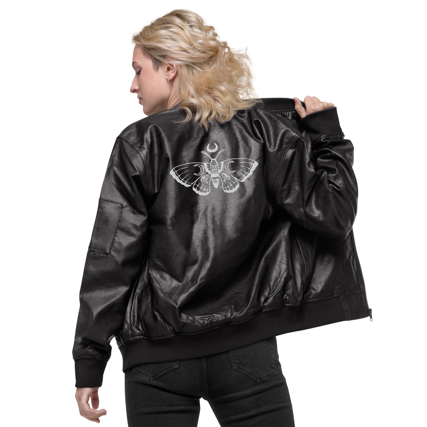 Butterfly Crescent Moon Leather Bomber Jacket