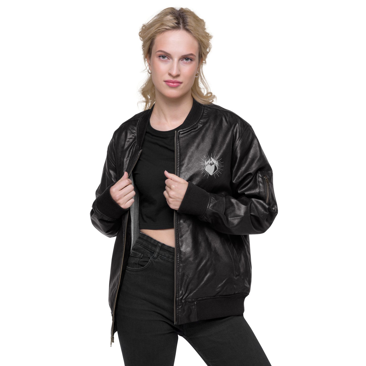 Heart Embroidered Leather Bomber Jacket
