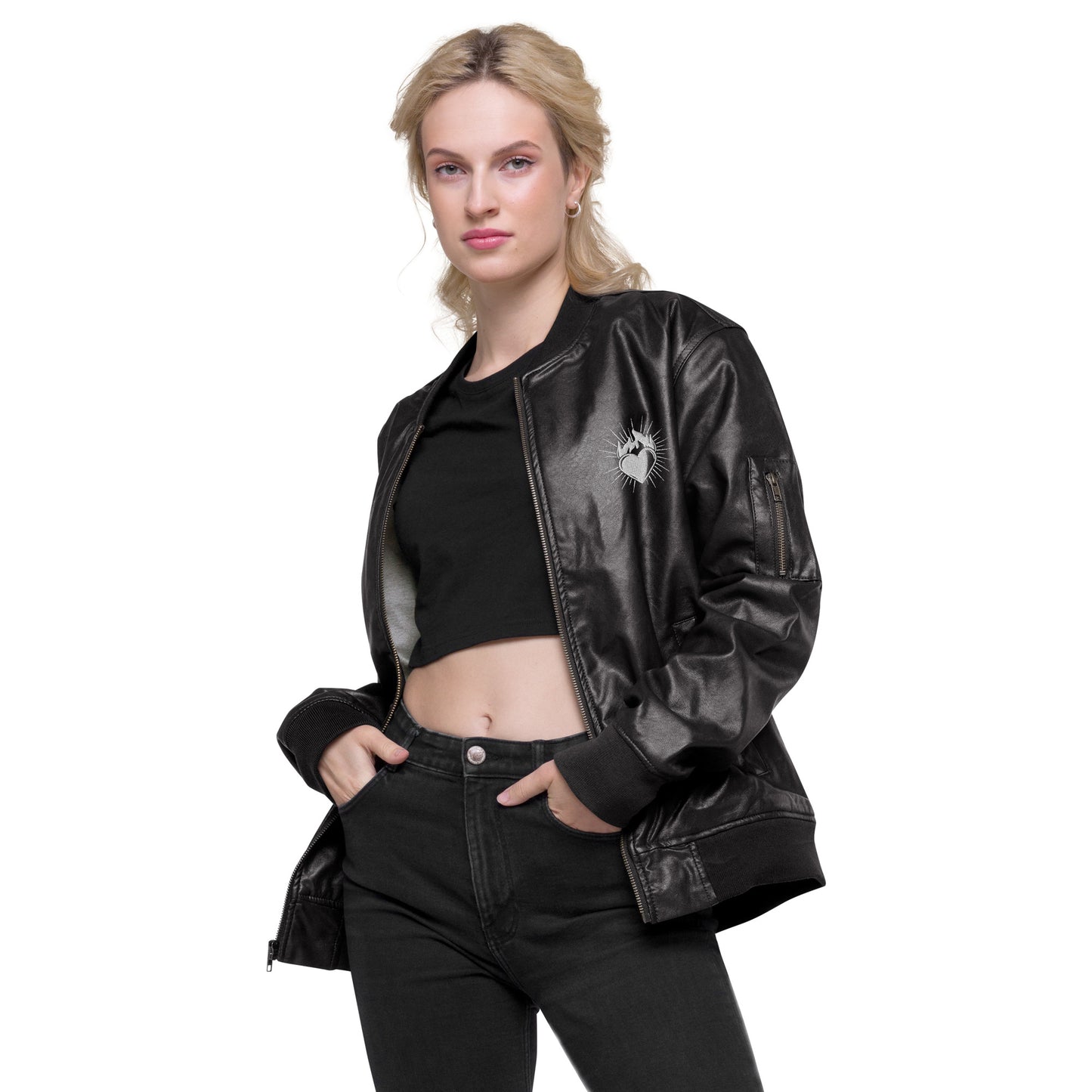 Heart Embroidered Leather Bomber Jacket