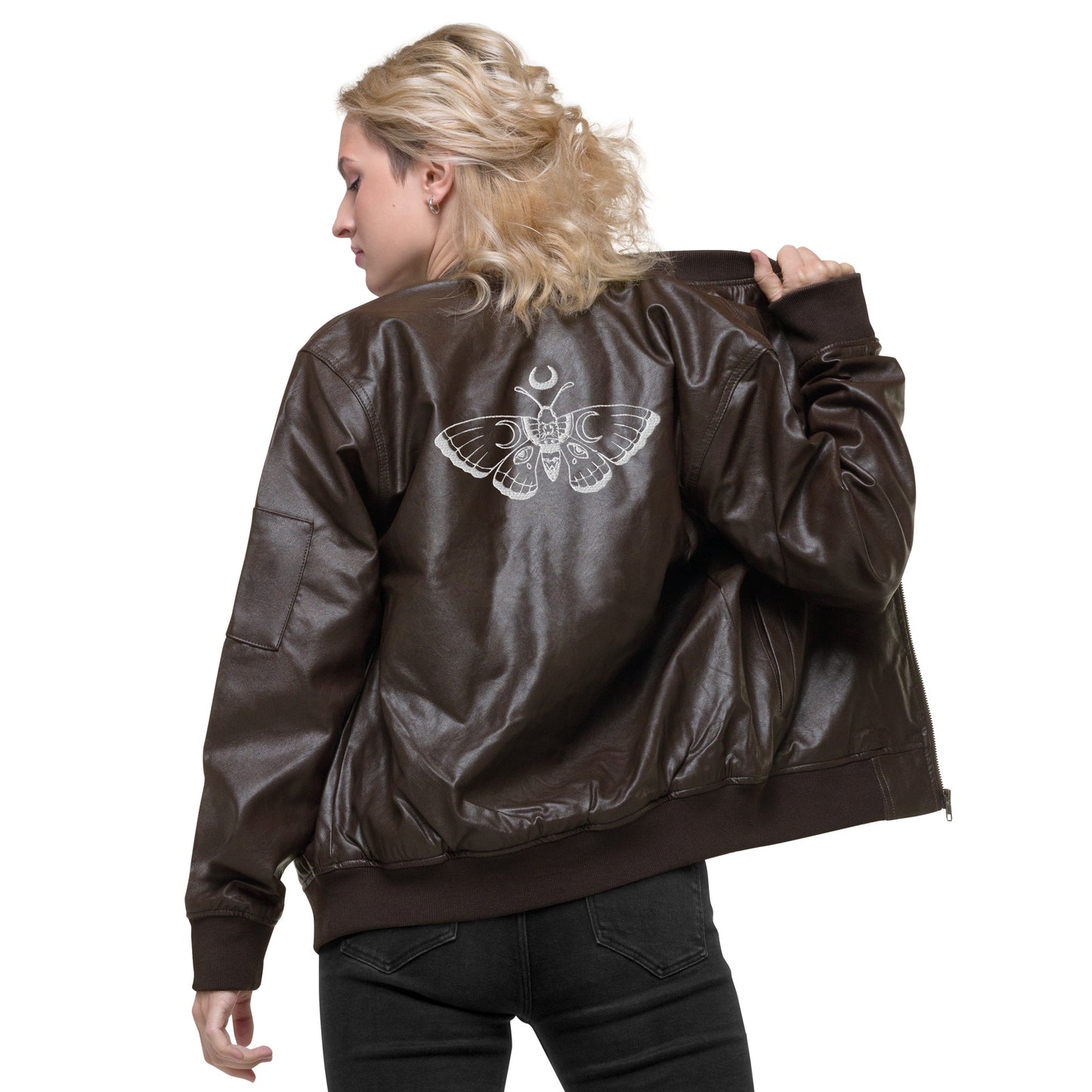 Butterfly Crescent Moon Leather Bomber Jacket