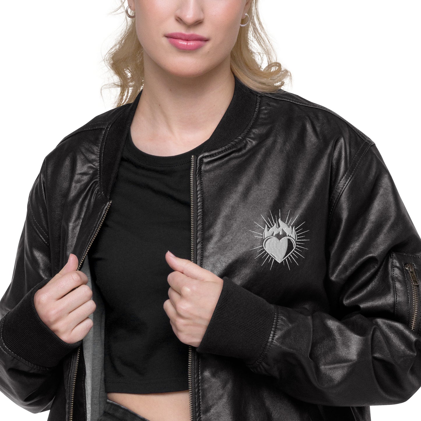Heart Embroidered Leather Bomber Jacket