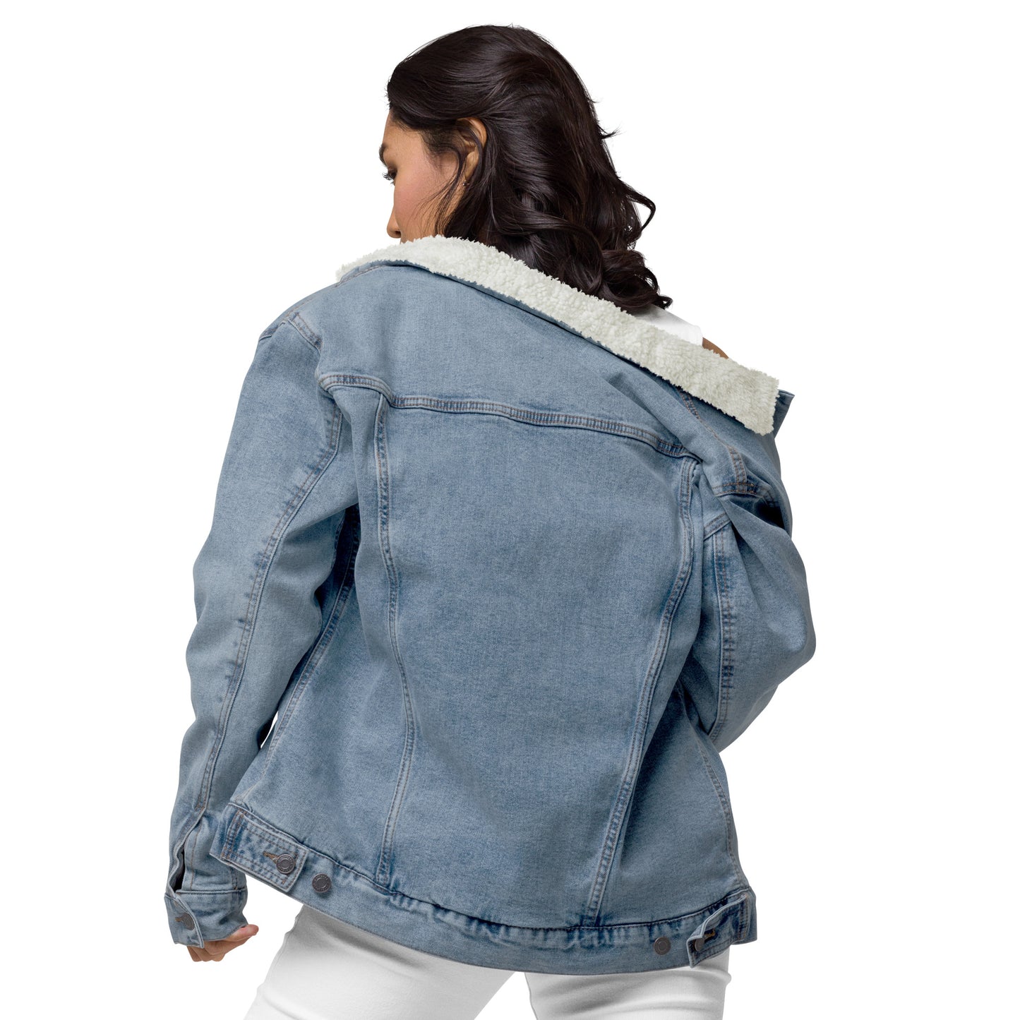 Flower Embroidered Sherpa Lined Denim Jacket