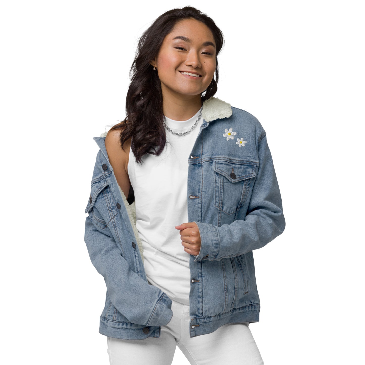 Flower Embroidered Sherpa Lined Denim Jacket